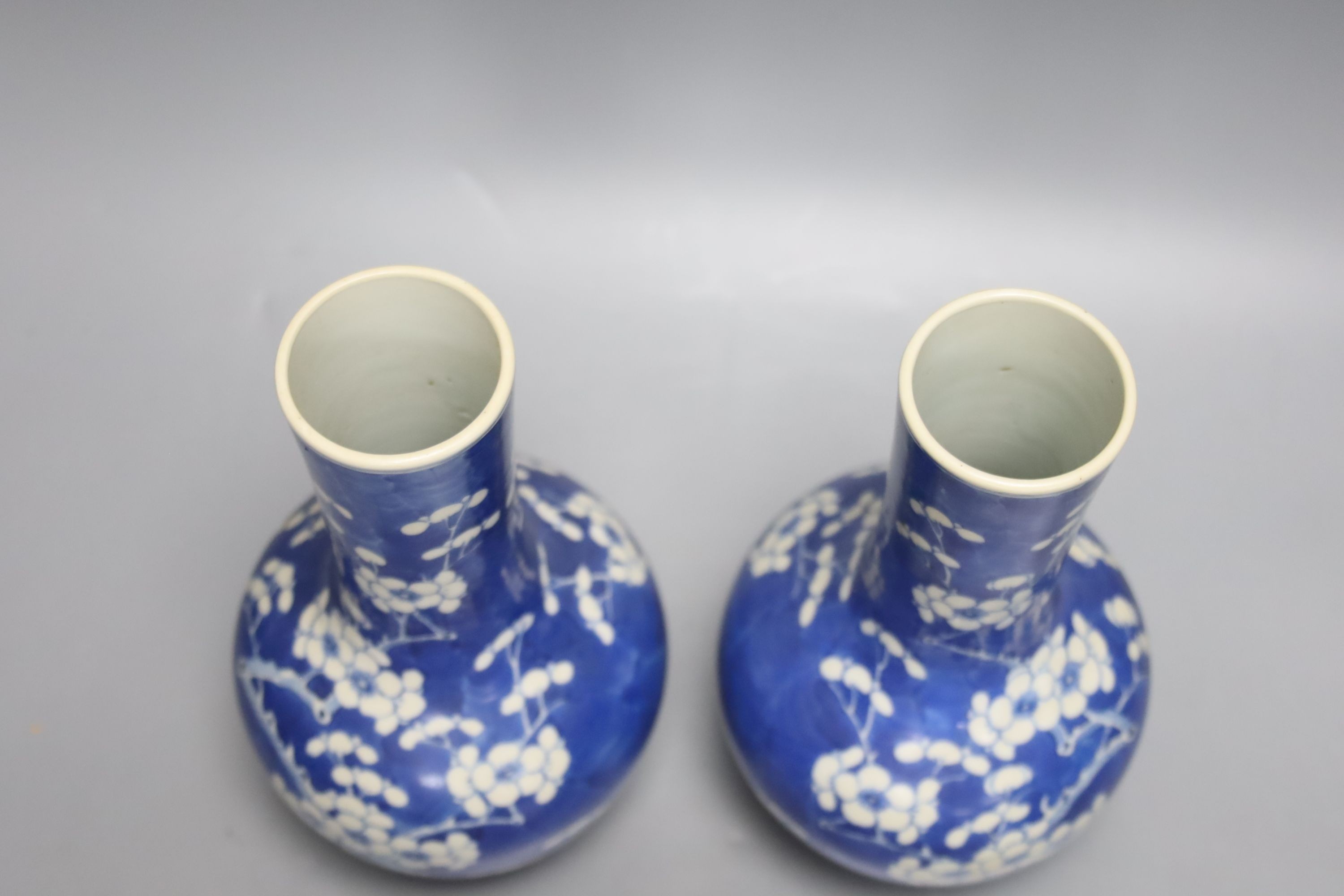 A pair of 19th century Chinese blue and white porcelain prunus vases, height 22cm